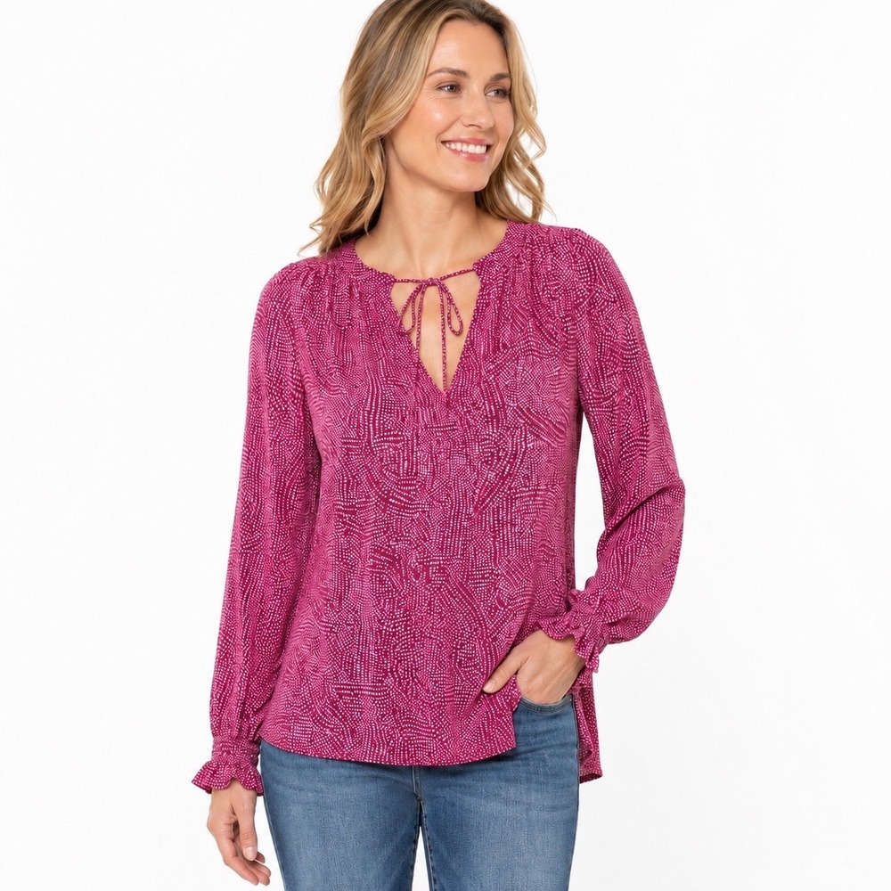 Knox Rose XL Pink Abstract Print‎ Boho Tie V-Neck Blouse Long Sleeve Peasant Top